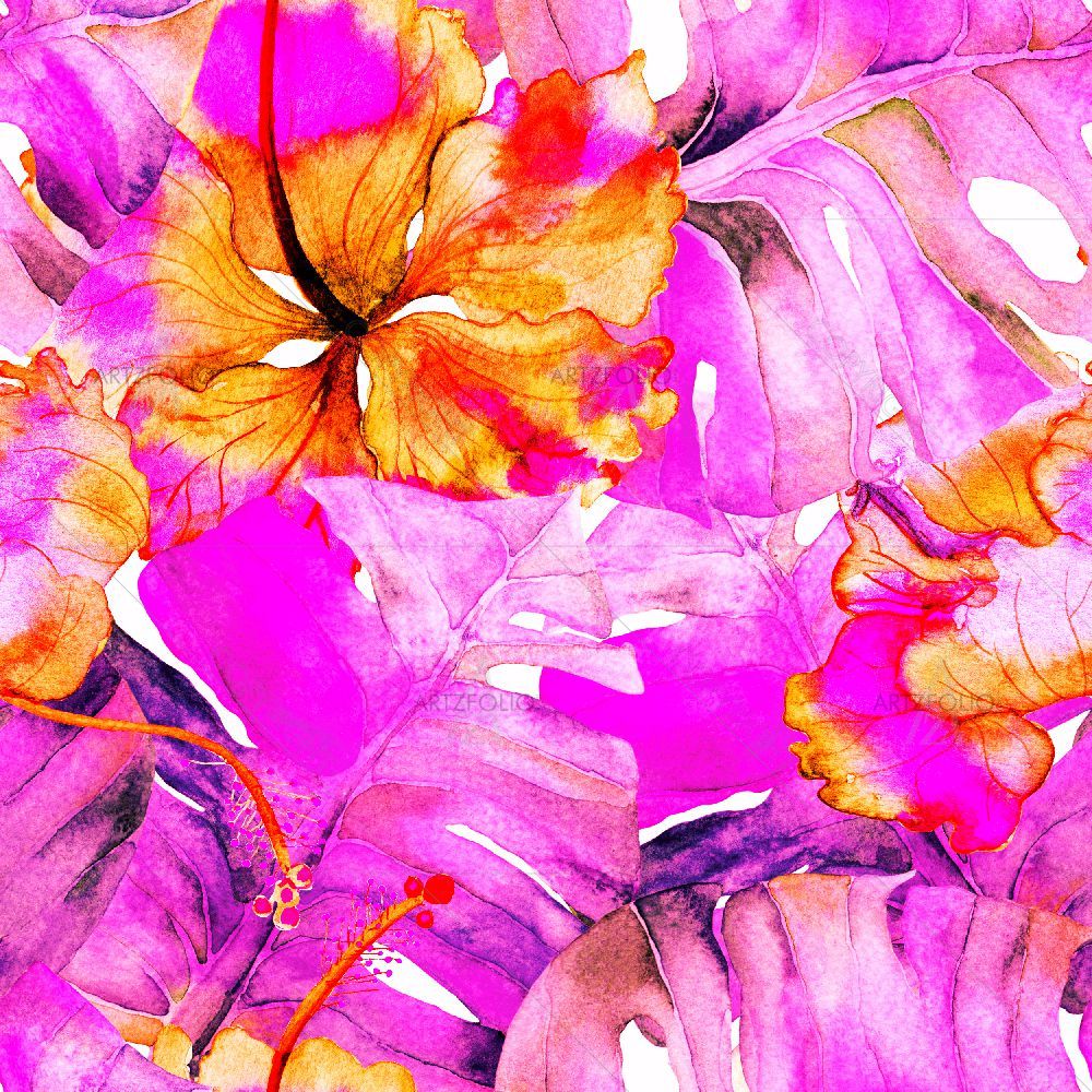 Tropic Flowers and Monstera Leaves D2 — Botanical custom art by ArtzFolio