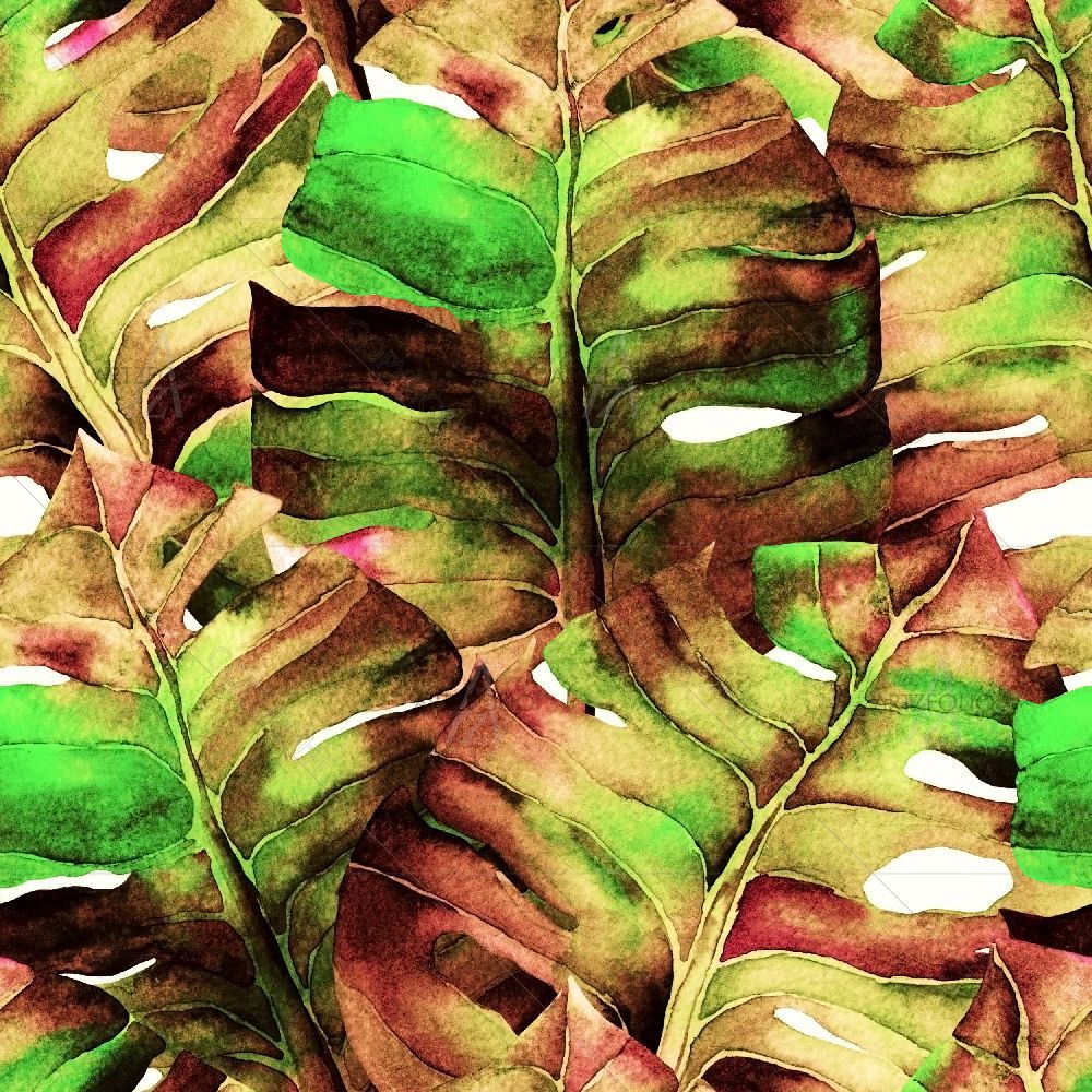 Watercolor Tropical Flowers and Monstera Leaves — custom-size art design 5016855
