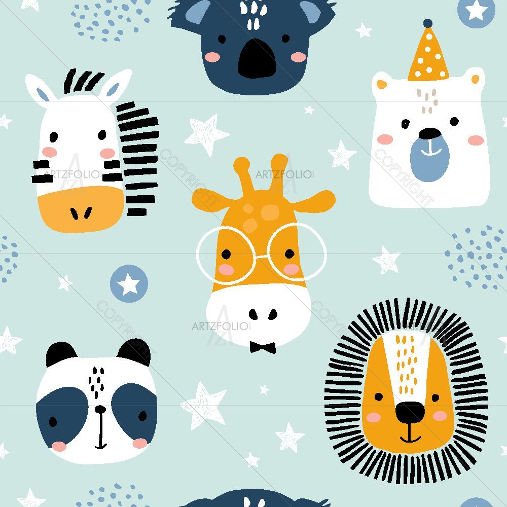 Childish Animals Faces Pattern — Animals custom art by ArtzFolio