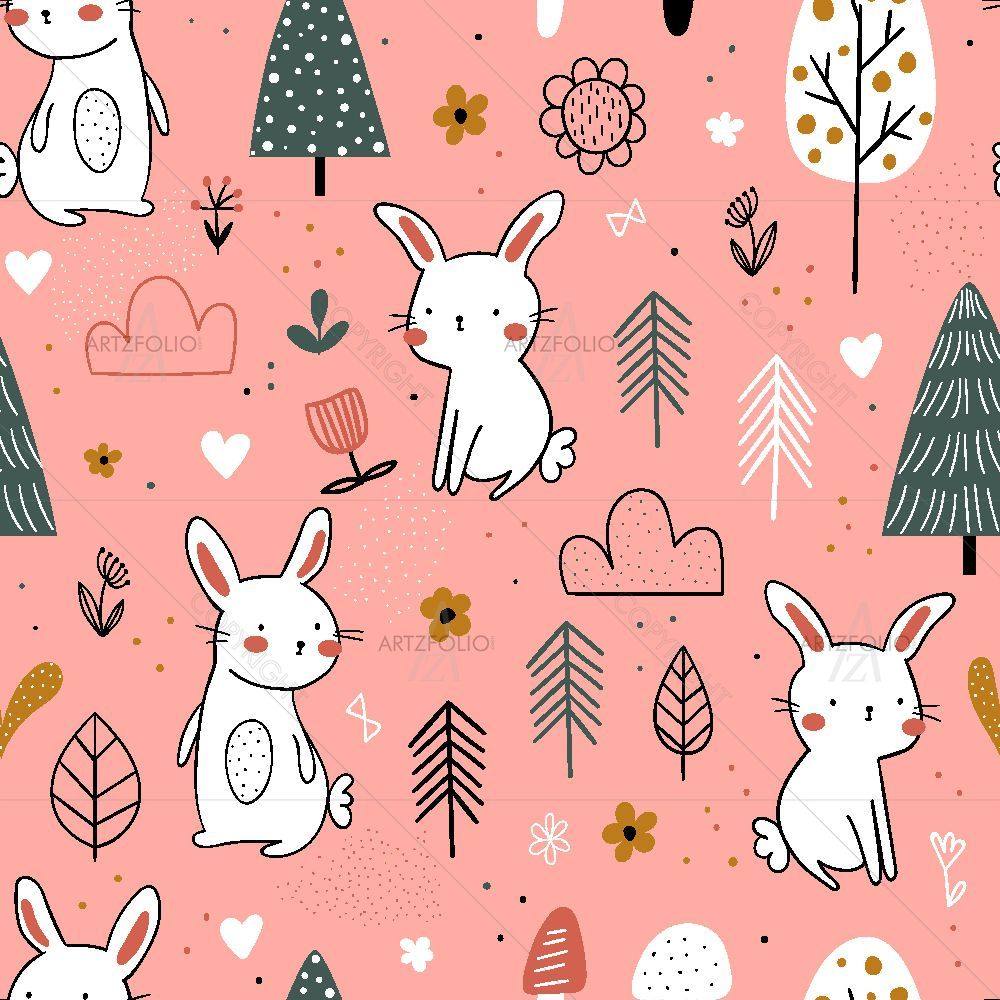 White Bunnies in Forest — Botanical custom art by ArtzFolio